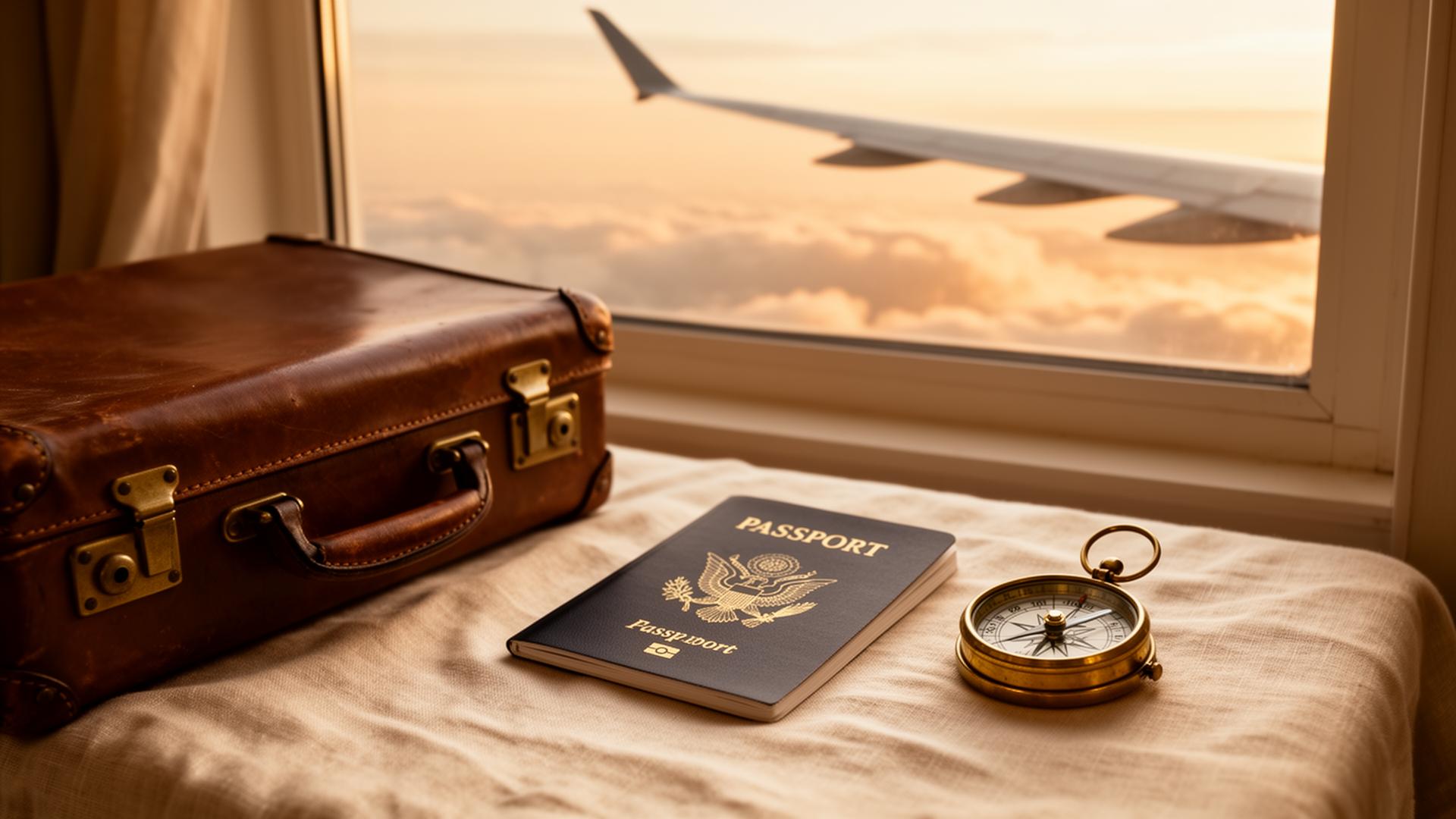 Leather suitcase, passport and brass compass beside a window